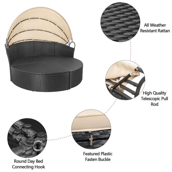 Lacoo Outdoor Patio Round Daybed With Retractable Canopy Wicker Furniture Sectional Seating With