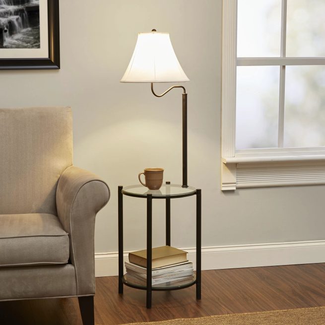 Mainstays Glass End Table Floor Lamp, Matte Black, CFL Bulb Included